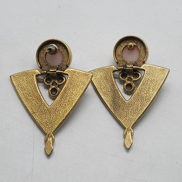 Vintage Gold Tone Statement Earrings Egyptian Revival Faux Pearl Geometric - Picture 3 of 4
